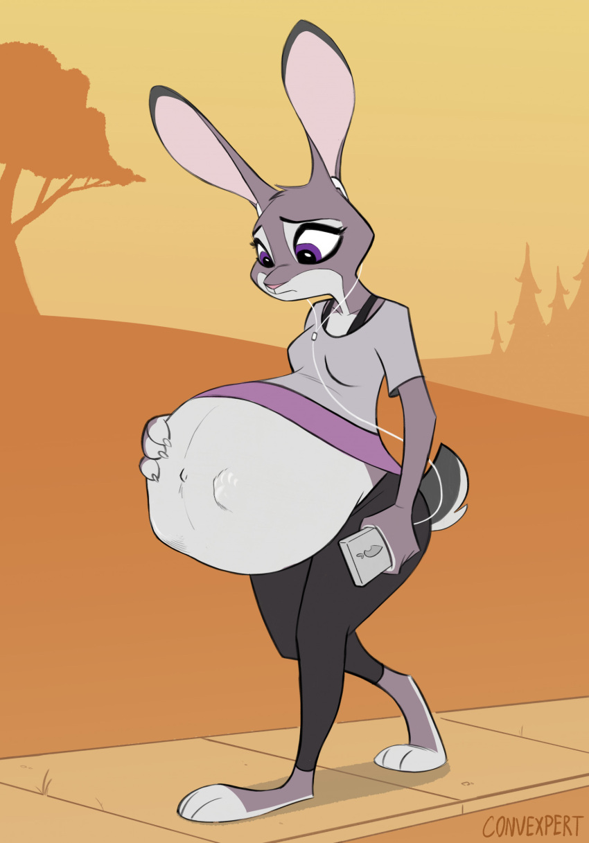 2023 anthro barefoot belly big_belly bottomwear claws clothed clothing convexpert disney ears_up electronics feet female frown fur hand_on_belly headphones hi_res hyper hyper_pregnancy judy_hopps kick lagomorph leporid looking_down mammal music_player navel outie_navel outside pants paws pregnant pregnant_anthro pregnant_female rabbit raised_clothing raised_shirt raised_topwear shirt signature solo story story_in_description topwear unborn_kicking walking wide_eyed worried zootopia