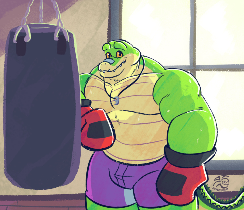 alligator alligatorid animal_humanoid bodily_fluids bottomwear boxing_gloves brok_(brok_the_investigator) brok_the_investigator clothed clothing cowcat_games crocodilian gloves green_body handwear hi_res humanoid jasperthecrab jewelry male muscular muscular_male necklace punching_bag purple_bottomwear purple_clothing purple_shorts red_clothing red_gloves red_handwear reptile reptile_humanoid scalie scalie_humanoid shorts shorts_only solo sweat tail topless yellow_eyes