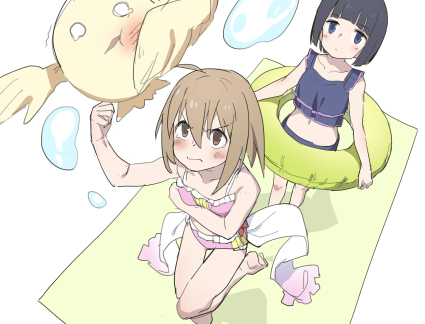 2girls arm_up bare_arms bare_shoulders barefoot bikini black_bikini black_hair blue_eyes blush breasts brown_eyes brown_hair clenched_hand closed_mouth collarbone commentary_request frilled_bikini frills hanami_yuzuka highres holding huanxiang_huifeng innertube mahou_shoujo_nante_mou_ii_desukara. miton multiple_girls o_o pink_bikini sakagami_chiya short_hair small_breasts standing standing_on_one_leg swim_ring swimsuit tears trembling v-shaped_eyebrows water white_background