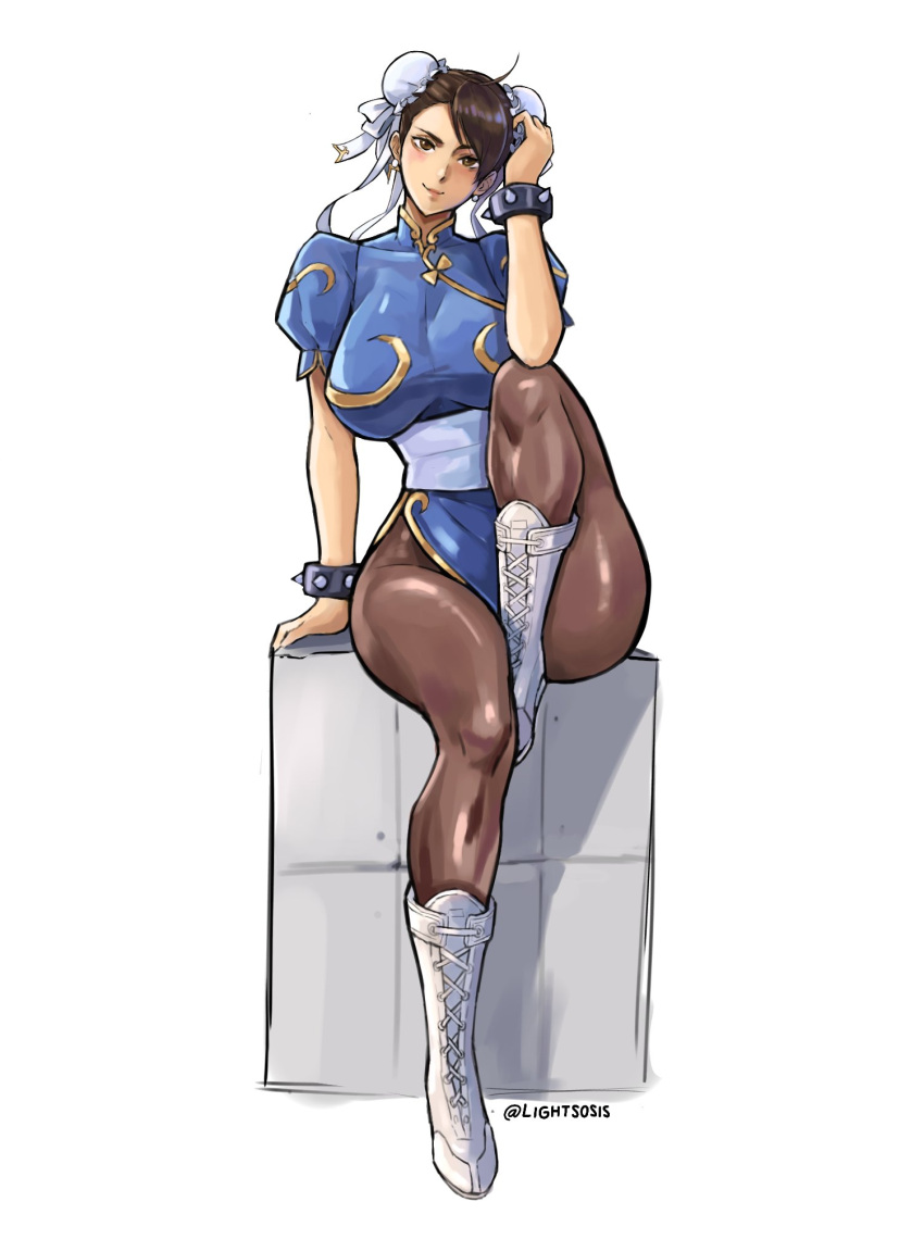 boots bracelet breasts brown_eyes brown_hair bun_cover china_dress chinese_clothes chun-li closed_mouth commentary cross-laced_footwear double_bun dress female full_body hair_bun highres jewelry large_breasts lightsosis looking_at_viewer pantyhose short_hair simple_background sitting smile solo spiked_bracelet spikes street_fighter thighs white_background white_footwear