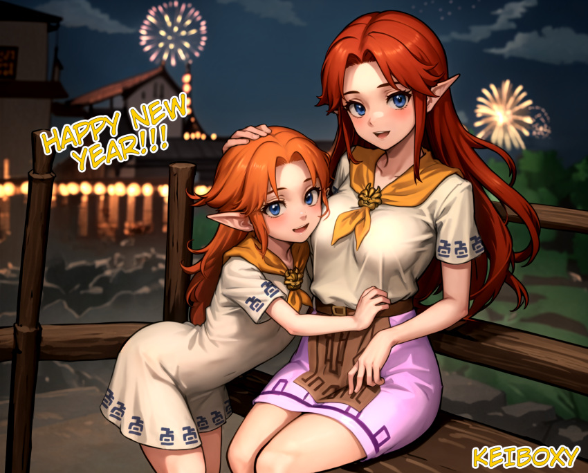 2girls belt bench blue_eyes breasts brown_hair cloud cremia dress fireworks hand_on_another's_head happy_new_year highres hug leaning_forward long_hair looking_at_viewer multiple_girls new_year night night_sky open_mouth orangetea pink_skirt pointy_ears romani_(zelda) shirt short_sleeves siblings sisters sitting skirt sky smile the_legend_of_zelda the_legend_of_zelda:_majora's_mask white_dress white_shirt