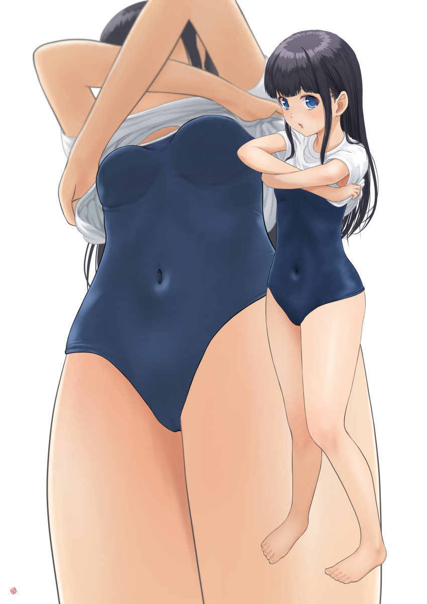 absurdres barefoot black_hair blue_eyes blue_one-piece_swimsuit breasts competition_school_swimsuit female from_below full_body highres long_hair looking_at_viewer mtu_virus multiple_views nao_suke one-piece_swimsuit original school_swimsuit shirt sidelocks simple_background small_breasts swimsuit t-shirt undressing white_background white_shirt