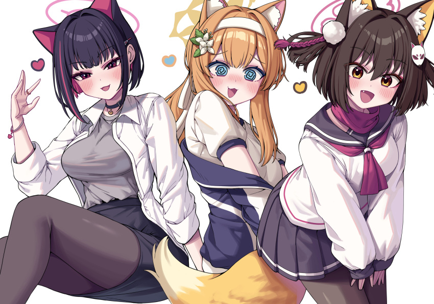 3girls :d @_@ alternate_costume animal_ears black_choker black_hair black_sailor_collar black_skirt blue_archive blue_eyes blush bracelet breasts brown_pantyhose choker coat colored_inner_hair commentary fox_ears fox_girl fox_tail grey_shirt halo hand_up heart highres izuna_(blue_archive) jacket jewelry kazusa_(blue_archive) long_sleeves looking_at_viewer mari_(blue_archive) mari_(track)_(blue_archive) metaljelly multicolored_hair multiple_girls neckerchief nose_blush oerba_yun_fang official_alternate_costume open_mouth pantyhose pink_eyes pink_hair pink_halo pink_neckerchief pleated_skirt ring sailor_collar shirt short_sleeves simple_background skirt smile streaked_hair tail track_jacket white_background white_coat white_shirt yellow_eyes yellow_halo