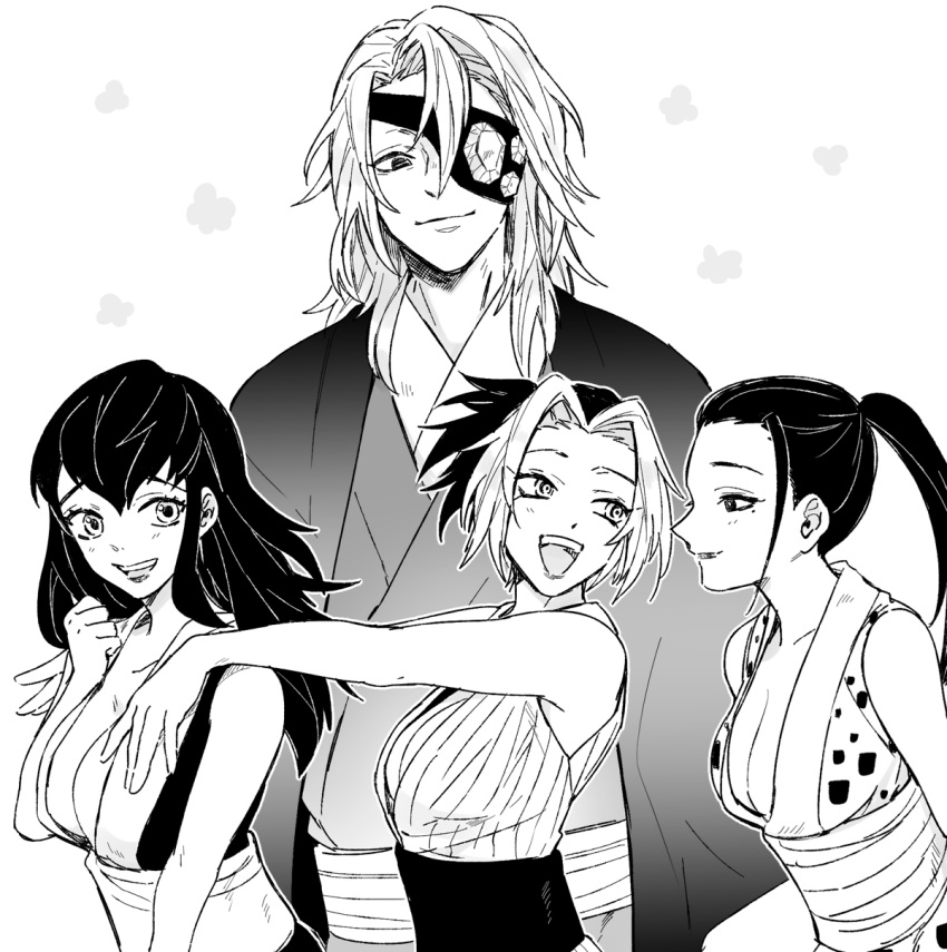 1boy 3girls :d breasts cleavage eyepatch greyscale harem highres hinatsuru_(kimetsu_no_yaiba) husband_and_wives japanese_clothes kimetsu_no_yaiba kimono kkkaaaayyy long_hair looking_at_another makio_(kimetsu_no_yaiba) medium_hair monochrome multiple_girls polygamy ponytail simple_background smile suma_(kimetsu_no_yaiba) teeth upper_body upper_teeth_only uzui_tengen white_background