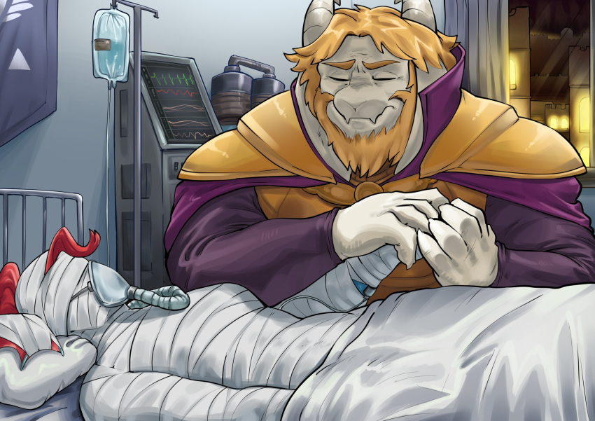 anthro asgore_dreemurr bandage bed boss_monster_(undertale) bovid caprine closed_eyes duo female fish furniture goat hair hi_res horn hospital hospital_bed male mammal marine thedarkzircon undertale_(series) undyne