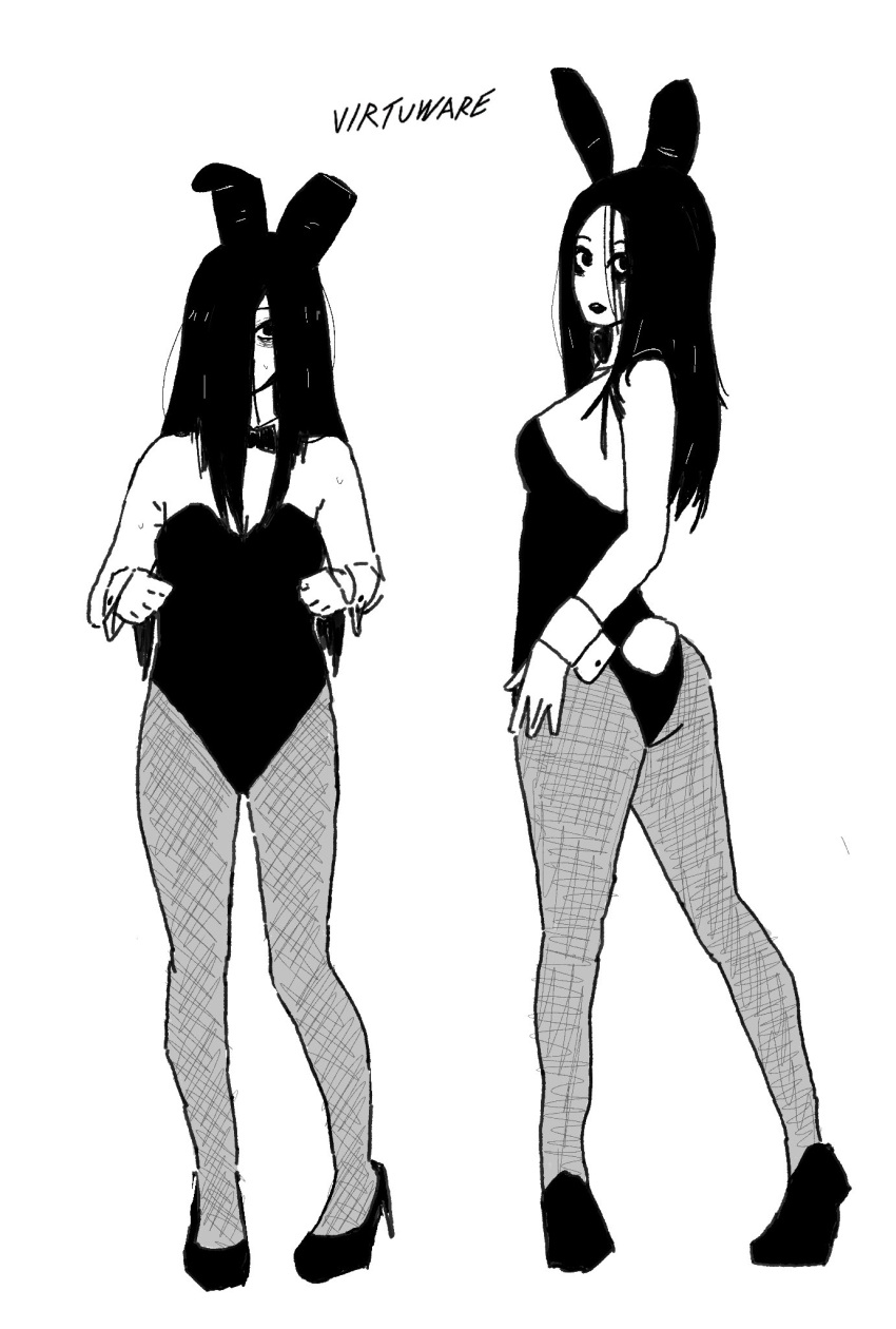 2girls animal_ears artist_name bags_under_eyes bare_shoulders black_footwear black_hair bow bowtie detached_collar fake_animal_ears full_body ghost ghost_girl greyscale hair_over_face hair_over_one_eye high_heels highres ju-on long_hair looking_at_viewer looking_back messy_hair monochrome multiple_girls pantyhose playboy_bunny rabbit_ears saeki_kayako signature the_grudge the_ring twitter_username upper_body virtuware white_background wrist_cuffs yamamura_sadako