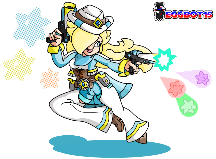 absurd_res blonde_hair bottomwear chaps clothing cowboy_hat digital_media_(artwork) eggbot15 female hair hat headgear headwear hi_res human mammal mario_bros nintendo pistols rosalina_(mario) shorts solo starbits super_mario_galaxy weapon western