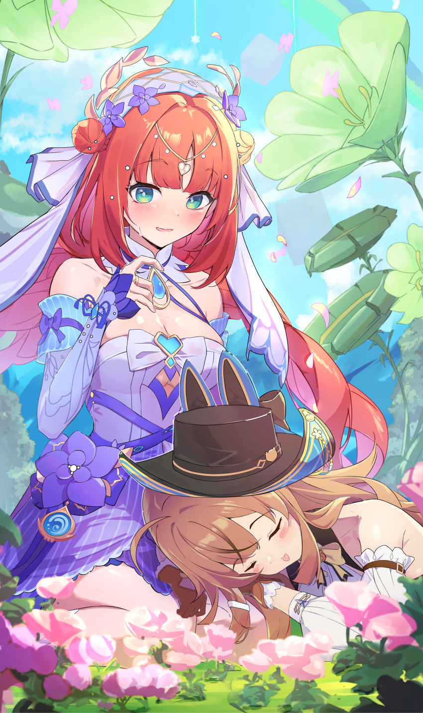 2girls :p absurdres bare_shoulders black_hat blue_gemstone blue_sleeves blush breasts brown_gloves brown_hair brown_hat cleavage closed_eyes commentary_request detached_sleeves dress dress_flower falling_petals flower gem genshin_impact gloves hair_between_eyes hand_up hat highres hydro_symbol_(genshin_impact) jewelry kirara_(genshin_impact) kirara_(phantom_in_boots)_(genshin_impact) kneeling long_hair long_sleeves looking_at_another lying_on_lap medium_breasts multicolored_hair multiple_girls nilou_(breeze_of_sabaa)_(genshin_impact) nilou_(genshin_impact) official_alternate_costume outdoors parted_lips petals purple_flower red_hair ring streaked_hair sweat syafa tongue tongue_out very_long_hair vision_(genshin_impact)