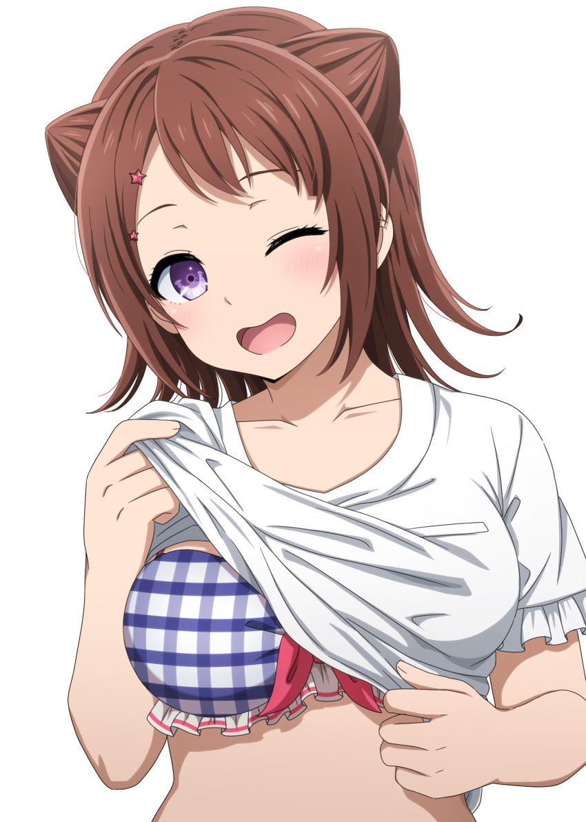 bang_dream! bikini bikini_under_clothes breasts brown_hair clothes_lift collarbone commentary cone_hair_bun female hair_bun hair_ornament highres large_breasts medium_hair noshimurin one_eye_closed open_mouth purple_eyes shirt shirt_lift simple_background solo star_(symbol) star_hair_ornament swimsuit toyama_kasumi upper_body white_background white_shirt