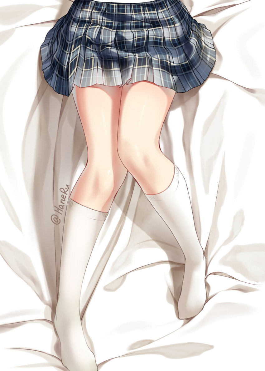 artist_name bed_sheet blue_skirt female from_above haneru highres kneehighs knees_together_feet_apart lower_body no_shoes original plaid_clothes plaid_skirt shiny_skin skirt socks solo white_socks