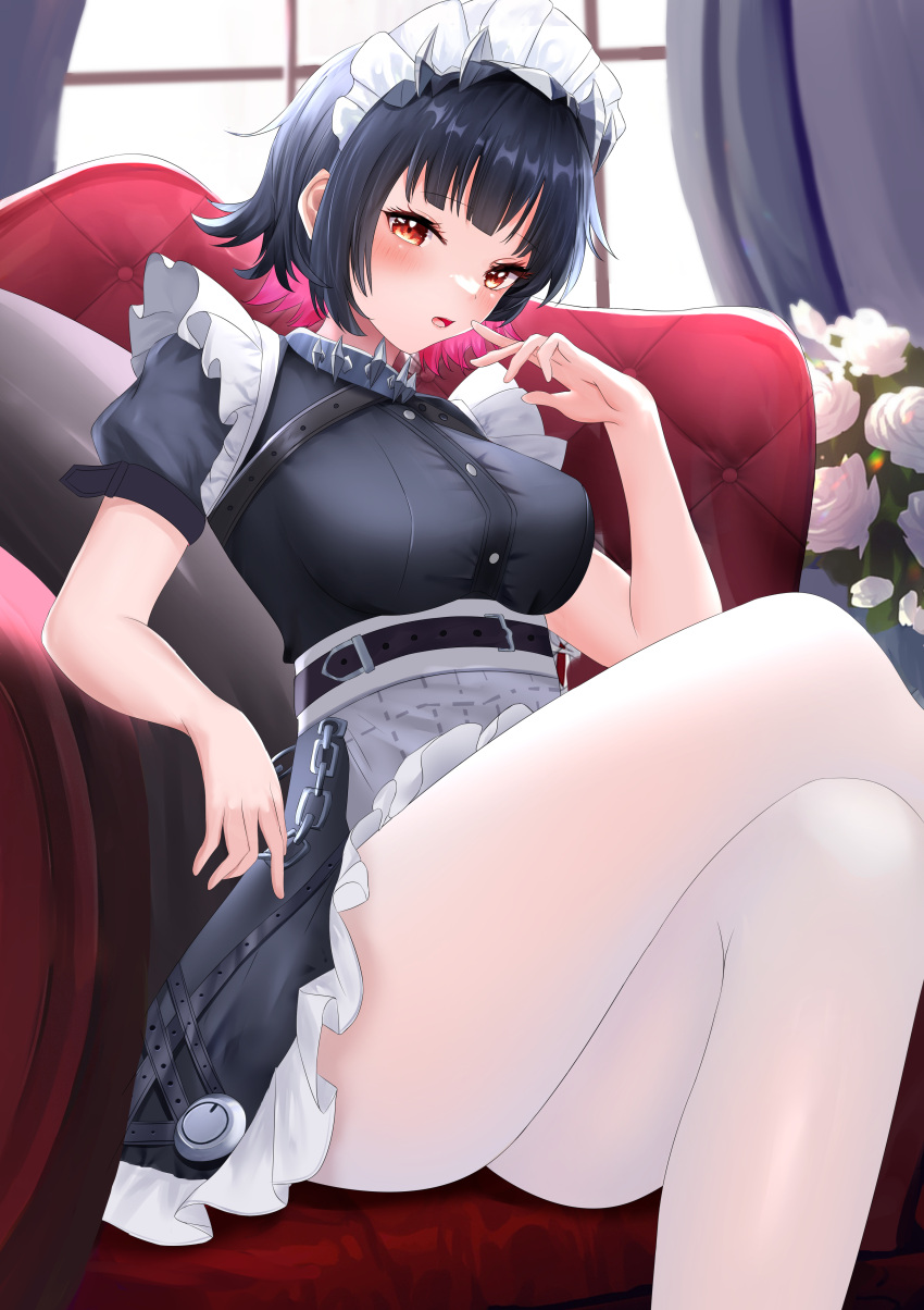 absurdres apron black_hair black_shirt blush breasts cg_xiao_baishu chains chinese_commentary choker commentary couch crossed_legs curtains curvy ellen_joe eyelashes feet_out_of_frame female flower frilled_apron frilled_skirt frills hand_up highres indoors large_breasts looking_at_viewer maid maid_apron maid_headdress metal_hairband on_couch open_mouth pantyhose puffy_short_sleeves puffy_sleeves red_eyes rose shirt short_hair short_sleeves shy sitting skirt solo spiked_choker spiked_headband spikes thighs tsurime variant_set white_apron white_flower white_pantyhose white_rose window zenless_zone_zero