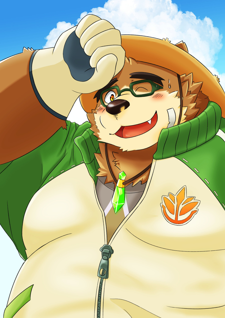 absurd_res anthro bear blush bodily_fluids brown_body brown_fur bust_portrait clothing eyewear farmer fur glasses gloves handwear hat headgear headwear hi_res jacket jinastray lifewonders male mammal one_eye_closed overweight portrait smile solo straw_hat sweat tokyo_afterschool_summoners topwear volos_(tas) wink wiping_forehead