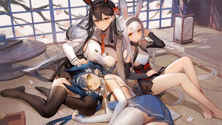 3girls :d animal_ears azur_lane bare_legs barefoot black_hair black_skirt black_thighhighs blue_hair breasts chikuma_(azur_lane) chinese_commentary closed_mouth commentary_request flat_chest green_eyes grey_hairband hair_behind_ear hairband hikimayu katsuragi_(azur_lane) kumatangent lap_pillow large_breasts looking_at_viewer lying medium_breasts miniskirt mole mole_under_mouth multiple_girls no_shoes official_art on_side open_mouth pleated_skirt rabbit_ears rabbit_girl see-through see-through_skirt shimakaze_(azur_lane) sitting skirt smile split_mouth thighhighs white_hair yellow_eyes