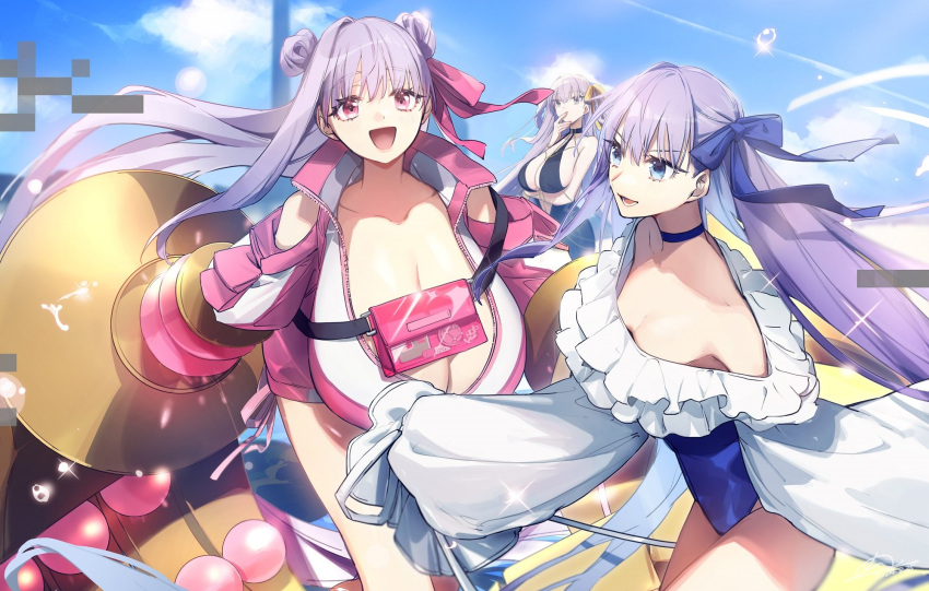 3girls bare_shoulders bb_dubai_(fate) black_dress blue_eyes blue_ribbon blue_sky blush braid braided_hair_rings breasts choker claw_(weapon) cleavage clothing_cutout collarbone dress fate/grand_order fate_(series) frills hair_ribbon highleg highleg_one-piece_swimsuit highres huge_breasts jacket large_breasts long_hair long_sleeves looking_at_viewer meltryllis_(fate) meltryllis_(swimsuit_lancer)_(fate) meltryllis_(swimsuit_lancer)_(second_ascension)_(fate) multiple_girls no-kan off-shoulder_one-piece_swimsuit off_shoulder one-piece_swimsuit open_mouth passionlip_(fate) pink_eyes pink_jacket pink_ribbon puffy_sleeves purple_eyes purple_hair ribbon shoulder_cutout sky sleeves_past_fingers sleeves_past_wrists small_breasts smile swimsuit thighs twin_braids very_long_hair weapon white_ribbon yellow_ribbon