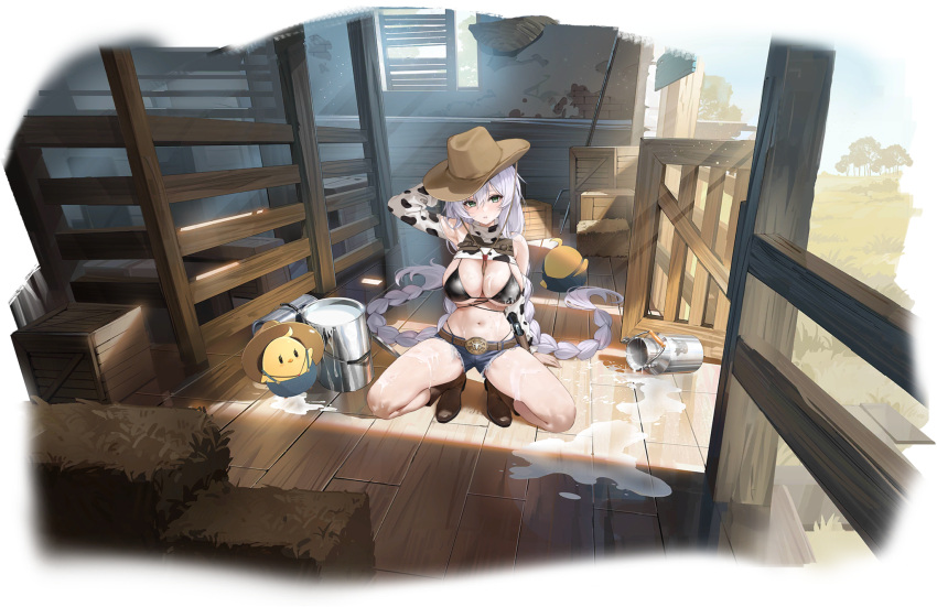 animal animal_print arm_support azur_lane belt bikini bikini_under_clothes bird blue_sky boots braid breasts chungu cleavage cow_print cowboy_hat day fargo_(azur_lane) fargo_(dairy_in_the_dreary_sun)_(azur_lane) female full_body gun hat highres indoors large_breasts long_hair looking_at_viewer manjuu_(azur_lane) milk navel official_art revolver short_shorts shorts sky squatting stomach swimsuit thighs tree twin_braids twintails weapon wooden_floor