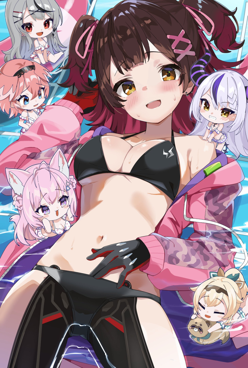 6+girls ahoge bikini black_bikini blush braid breasts brown_eyes brown_hair chibi comiket_104 floating hakui_koyori head_wings heart heart-shaped_pupils highres hololive holox horns innertube jacket kazama_iroha la+_darknesss large_breasts lying multiple_girls navel on_back pink_jacket pokobee ponytail roboco-san roboco-san_(workoutwear) sakamata_chloe satobitob side_braid swim_ring swimsuit symbol-shaped_pupils takane_lui two_side_up virtual_youtuber water wings