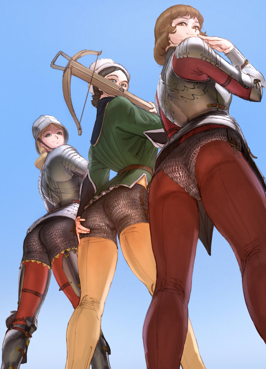 3girls absurdres arched_back armor ass belt black_hair blonde_hair blue_eyes bodysuit brown_belt brown_eyes brown_hair chainmail crossbow cup from_below green_eyes green_tunic highres holding holding_weapon kneepits leather leather_pants long_hair long_sleeves looking_at_viewer looking_back looking_down maid_headdress mug multiple_girls ojou-sama_pose orange_bodysuit original panties panties_over_bodysuit pants parted_bangs pauldrons red_bodysuit red_pants short_hair shoulder_armor side-tie_panties smirk spread_ass tunic underwear wass_nonnam weapon