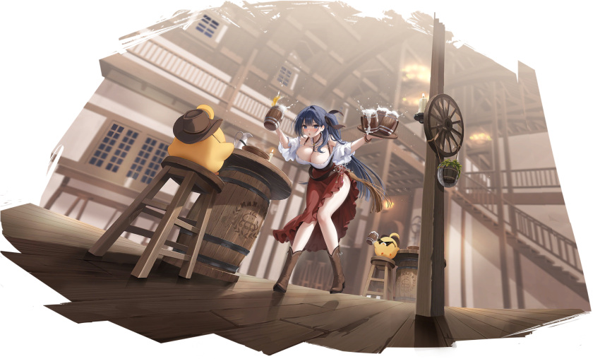 alcohol animal artist_request azur_lane barrel beer beer_mug bell_(azur_lane) bell_(saloon_mishaps)_(azur_lane) belt bird blue_eyes blue_hair blush boots breasts candle chair cleavage cup female full_body highres holding holding_tray indoors jewelry key leaning_forward long_hair manjuu_(azur_lane) mug official_art open_mouth saloon side_slit sitting skirt sunglasses thighs tray wooden_floor