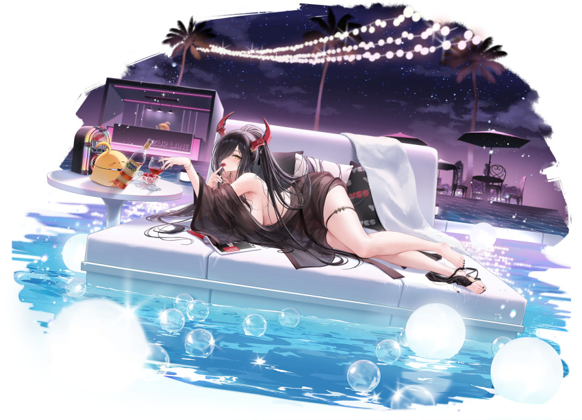 animal artist_request azur_lane barefoot bird black_hair bottle bracelet breasts chair cherry copyright_name cup female food friedrich_der_grosse_(azur_lane) friedrich_der_grosse_(one_summer_night's_intimacy)_(azur_lane) fruit glass_bottle highres holding holding_food horns jewelry jukebox long_hair looking_at_viewer lying manjuu_(azur_lane) medium_breasts night night_sky official_art outdoors palm_tree pool see-through sky star_(sky) starry_sky table thigh_strap toes tree water yellow_eyes