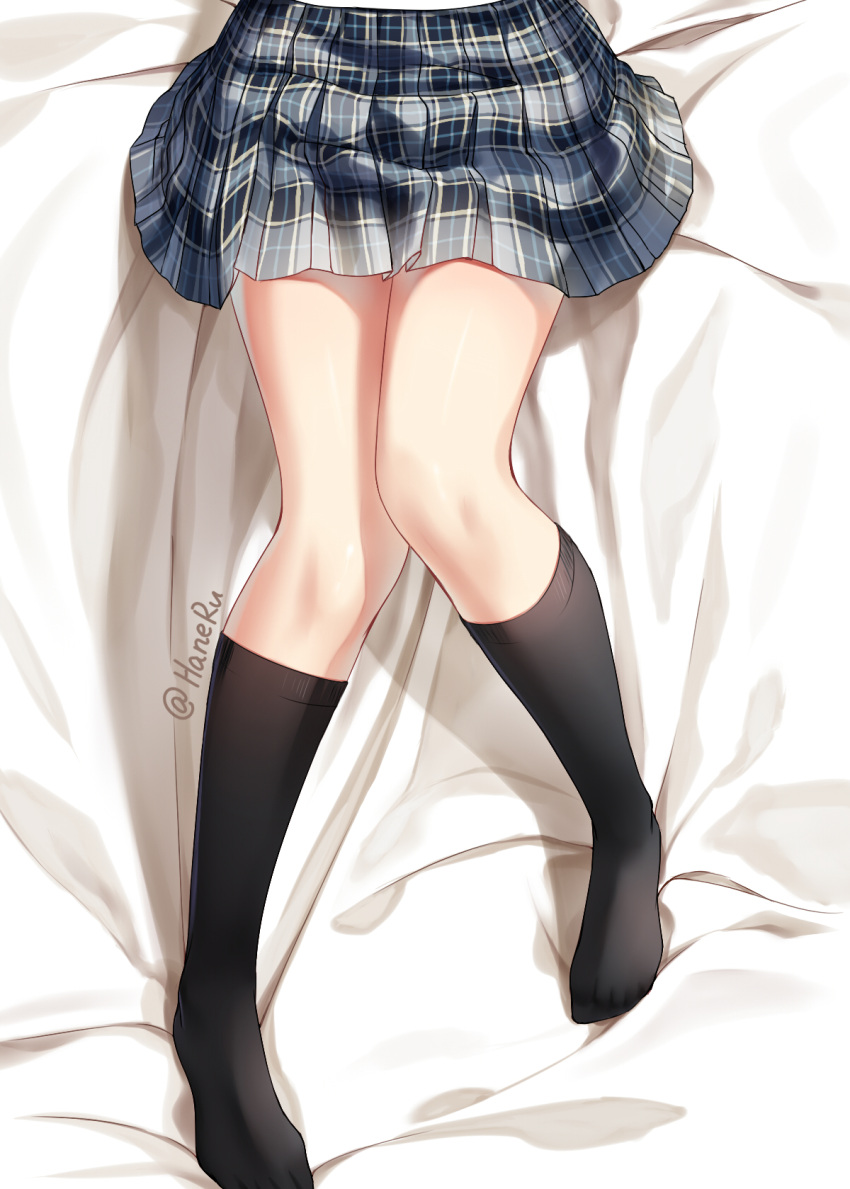 artist_name bed_sheet black_socks blue_skirt female from_above haneru highres kneehighs knees_together_feet_apart lower_body no_shoes original plaid_clothes plaid_skirt shiny_skin skirt socks solo