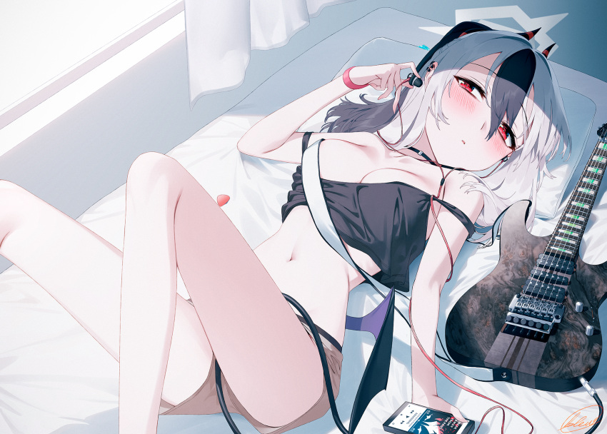 bed bed_sheet black_choker black_hair black_horns black_wings blew_andwhite blue_archive breasts brown_shorts cellphone choker cleavage closed_mouth collarbone curtains electric_guitar female grey_halo guitar halo highres holding holding_phone horns instrument kayoko_(blue_archive) looking_at_viewer low_wings lying medium_breasts medium_hair midriff multicolored_hair navel on_back on_bed phone red_eyes shorts single_wing solo thighs two-tone_hair white_hair window wings