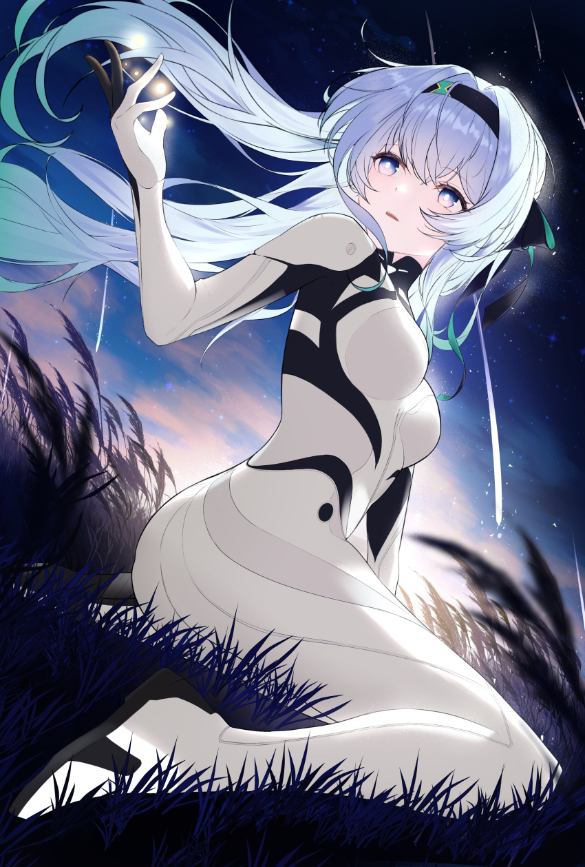 absurdres black_headband bodysuit breasts female fireflies firefly_(ar-26710)_(honkai:_star_rail) firefly_(honkai:_star_rail) fowthw grey_hair hair_between_eyes headband highres honkai:_star_rail honkai_(series) long_hair medium_breasts night night_sky official_alternate_costume on_grass outdoors plugsuit shooting_star sitting sky star_(sky) starry_sky two-tone_eyes wariza white_bodysuit