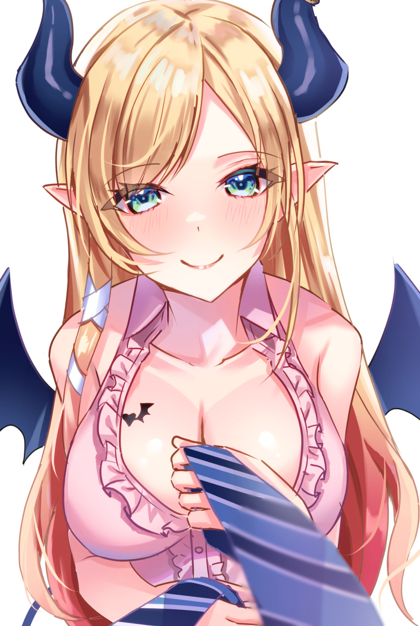 bare_shoulders black_wings blonde_hair blue_eyes blurry blurry_foreground blush breasts collarbone demon_girl demon_horns demon_tail demon_wings female highres hololive horns large_breasts long_hair pink_shirt pointy_ears pov shirt smile solo_focus tail virtual_youtuber wings yuzuki_choco yuzuki_choco_(1st_costume) zacky