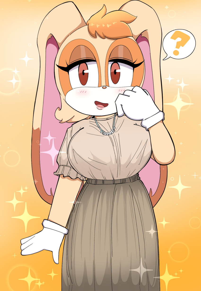 absurd_res anthro big_breasts blush bottomwear breasts clothing female gradient_background hi_res jewelry lagomorph leporid looking_at_viewer mammal necklace onibi question_mark rabbit sega shirt simple_background skirt solo sonic_the_hedgehog_(series) sparkles topwear vanilla_the_rabbit