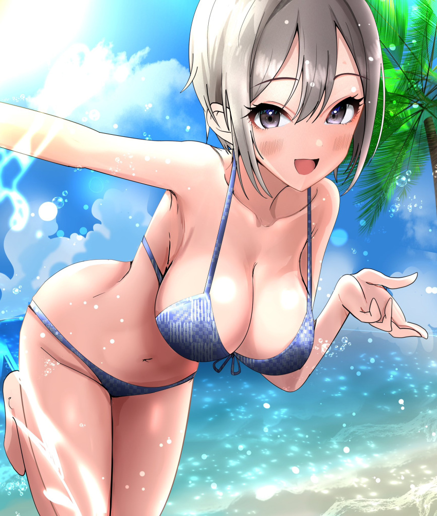 beach bikini blue_bikini blue_sky breasts cleavage cloud collarbone day female grey_hair hair_between_eyes highres idolmaster idolmaster_cinderella_girls large_breasts looking_at_viewer navel ocean open_mouth outdoors palm_tree shingi_(truth_fakesingi) shiomi_syuko short_hair sky smile solo stomach swimsuit tree