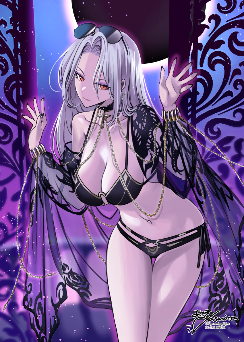 absurdres asakou_(n_morninglight) bare_shoulders bikini black_bikini bracelet breasts carmilla_(fate) carmilla_(swimsuit_rider)_(fate) carmilla_(swimsuit_rider)_(third_ascension)_(fate) choker cleavage collarbone eyewear_on_head fate/grand_order fate_(series) female forehead highres jewelry large_breasts long_hair looking_at_viewer navel parted_bangs see-through solo sunglasses swimsuit thighs white_hair yellow_eyes