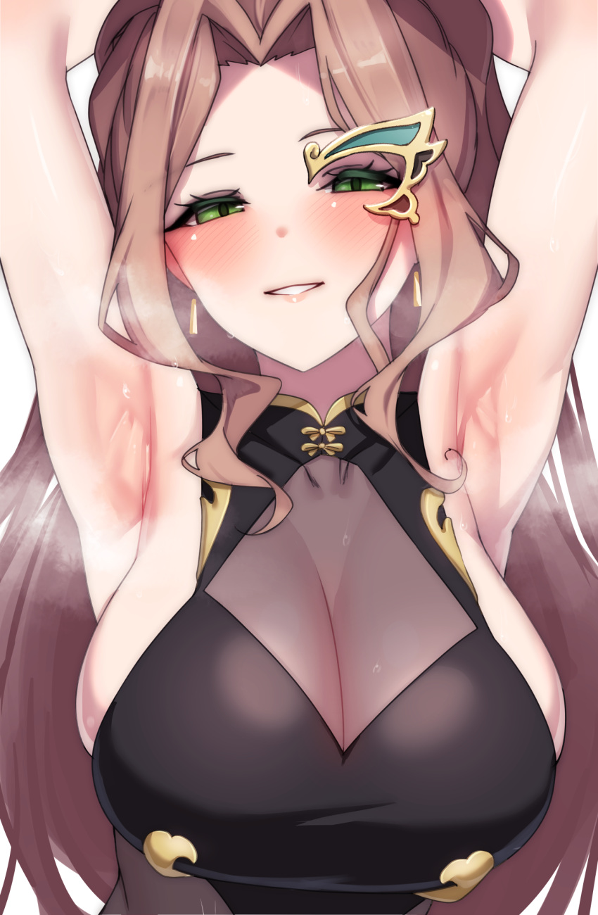 armpits arms_behind_head arms_up bare_arms bare_shoulders black_shirt blush bodystocking breasts brown_hair cleavage commentary commission female grin half-closed_eyes highres idolmaster idolmaster_million_live! idolmaster_million_live!_theater_days large_breasts long_hair looking_at_viewer nasuno_(nasuno42) nikaidou_chizuru official_alternate_costume parted_bangs parted_lips presenting_armpit see-through shirt sidelocks simple_background skeb_commission sleeveless sleeveless_shirt smile solo steaming_body sweat upper_body wavy_hair white_background