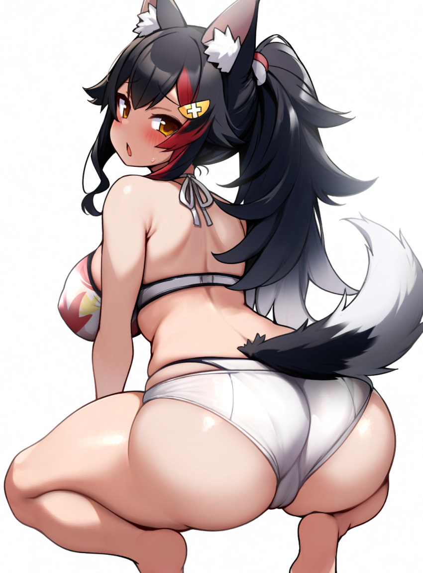 :o animal_ear_fluff animal_ears ass back barefoot bikini black_hair blush breasts cameltoe commentary dot_nose female from_behind hair_ornament hairclip highres hololive long_hair looking_at_viewer looking_back multicolored_hair official_alternate_costume ookami_mio ookami_mio_(hololive_summer_2019) orange_eyes ponytail sakanaya_(sakanaya952) shiny_skin sidelocks simple_background skin_tight skindentation soles solo squatting streaked_hair swimsuit tail trefoil tsurime virtual_youtuber white_background white_bikini wolf_ears wolf_girl wolf_tail