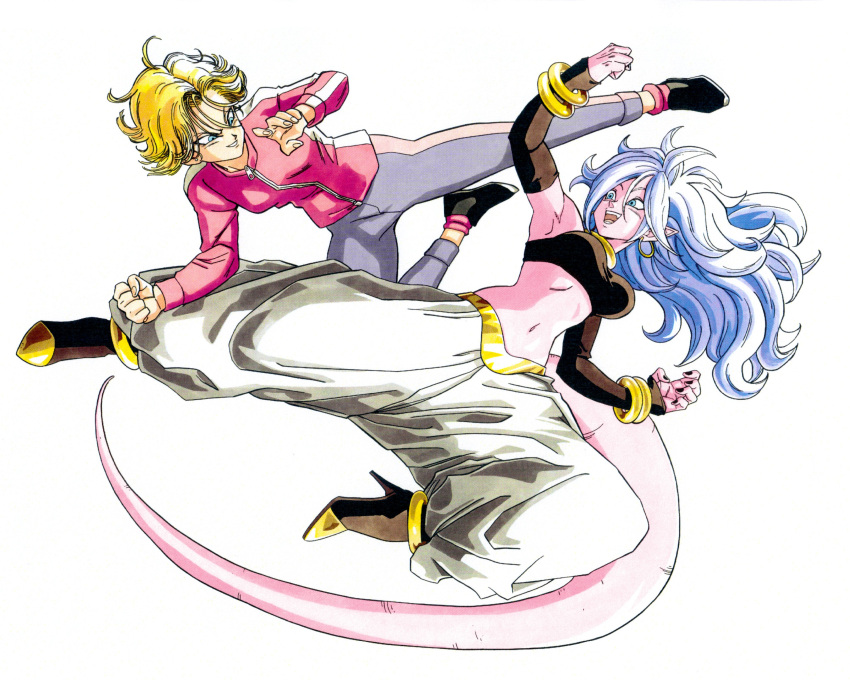 2girls absurdres android android_18 android_21 baggy_pants black_sleeves black_tube_top blocking blonde_hair blue_eyes boots bracelet colored_skin detached_sleeves dragon_ball dragon_ball_fighterz dragon_ball_super dragon_ball_super_super_hero earrings english_commentary fighting floating_hair gold_bracelet gold_choker gold_earrings grey_leggings high_heel_boots high_heels highres hoop_earrings jacket jewelry kicking leggings long_hair majin_android_21 multiple_bracelets multiple_girls navel open_mouth pants pink_jacket pink_skin pink_tail pointy_ears short_hair silverwoodwork smile smirk strapless tube_top white_background white_hair white_pants