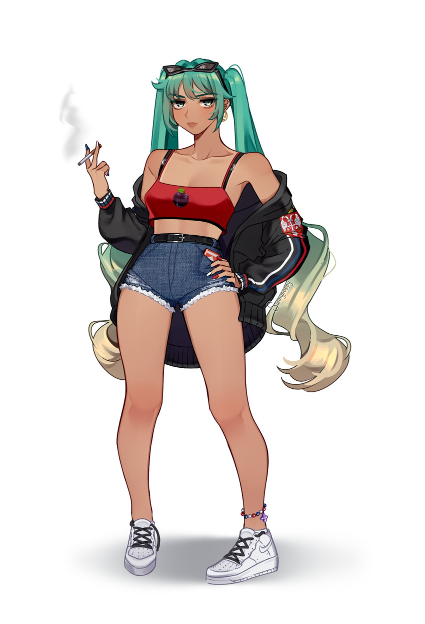 aqua_eyes aqua_hair belt black_belt black_jacket blue_shorts cigar cigarette collarbone commentary crop_top english_commentary eyewear_on_head female full_body hatsune_miku highres holding holding_cigar jacket long_hair long_sleeves midriff navel open_clothes open_jacket serbia shoes short_shorts shorts simple_background sneakers solo standing sunglasses sunnypoppy twintails vocaloid white_background white_footwear