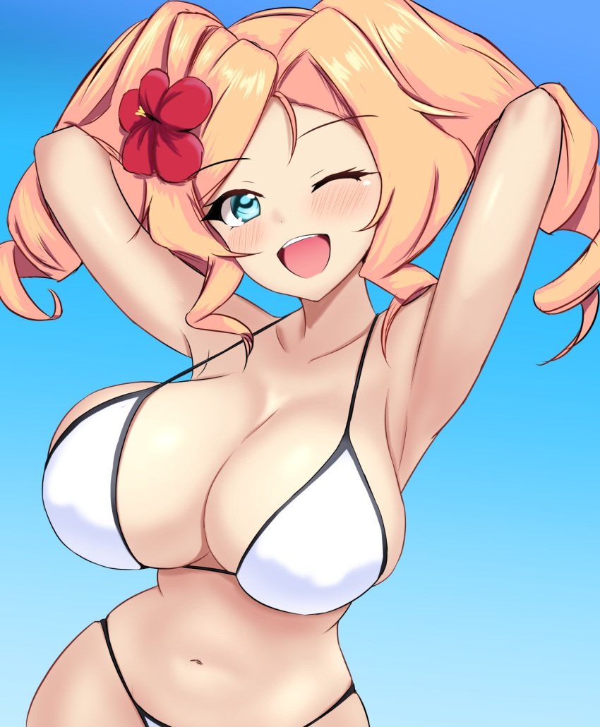 bikini blonde_hair blue_eyes blush breasts cleavage day drill_hair female flower hair_flower hair_ornament hibiscus highres honolulu_(kancolle) honolulu_(swimsuit_mode)_(kancolle) kantai_collection large_breasts long_hair looking_at_viewer montemasa navel official_alternate_costume one_eye_closed open_mouth outdoors red_flower side-tie_bikini_bottom smile solo string_bikini swimsuit twin_drills twintails upper_body white_bikini