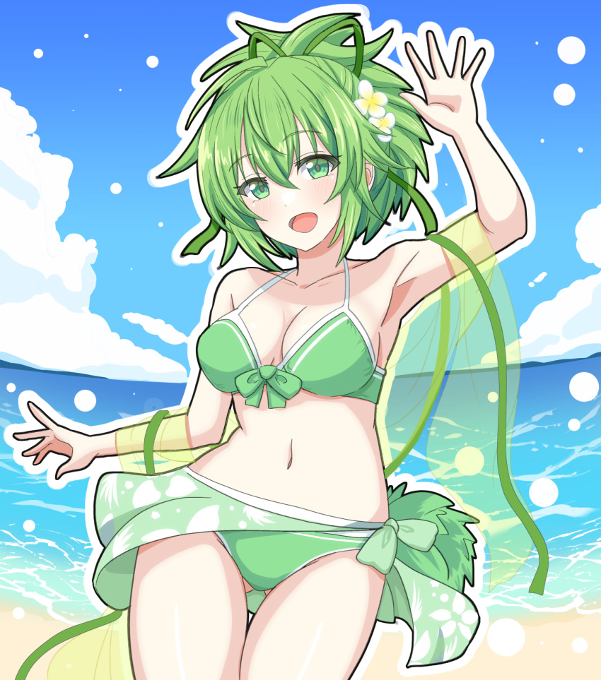 ahoge ass_visible_through_thighs beach bikini breasts cleavage contrapposto cowboy_shot daiichi_(1279220) day duel_monster female flower green_bikini green_eyes green_hair hair_flower hair_ornament highres looking_at_viewer medium_breasts midriff navel ocean outdoors sarong smile solo swimsuit wynn_(yu-gi-oh!) wynn_the_wind_charmer yu-gi-oh!