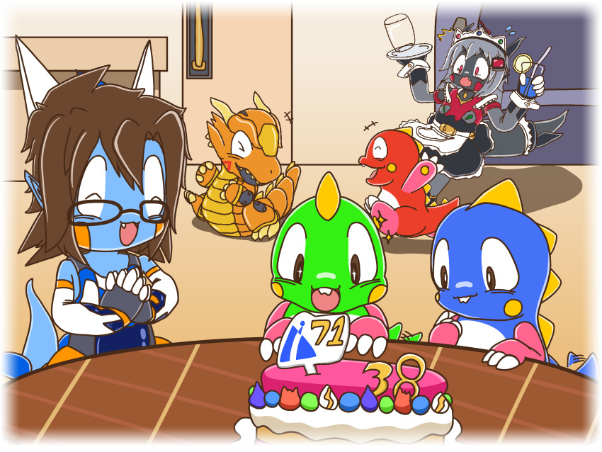 4:3 absurd_res accessory anniversary anthro armwear beverage big_tail biped birthday birthday_cake blue_body bob_(bubble_bobble) brown_eyes brown_hair bub_(bubble_bobble) bubble_bobble bubble_dragon bubu_(bubble_bobble) cake celebration chasing chibi clothing container cup cute_fangs dessert dragon dress eyewear facial_markings falling_object fanged_dragon fin food furgonomics furniture garter garyu_(species) glasses glistening glistening_eyes gold_body gotha_(gunma747j) green_body group gunma747j gunma_(gunma747j) hail-fanged_dragon hair hair_accessory hairclip happy head_fin head_horn head_markings hi_res horn hyogaryu kemono legwear living_room looking_at_object machine maid_apron maid_headdress maid_uniform male markings mecha multicolored_clothing multicolored_dress mythological_creature mythological_scalie mythology nintendo nintendo_ds_family one-piece_swimsuit open_mouth open_smile palms_together pink_eyes plate playing red_body scalie scared sitting smile square_enix swimwear syvalion_(taito) table tail tail_accessory tail_garter taito tripping uniform white_horn yellow_horn