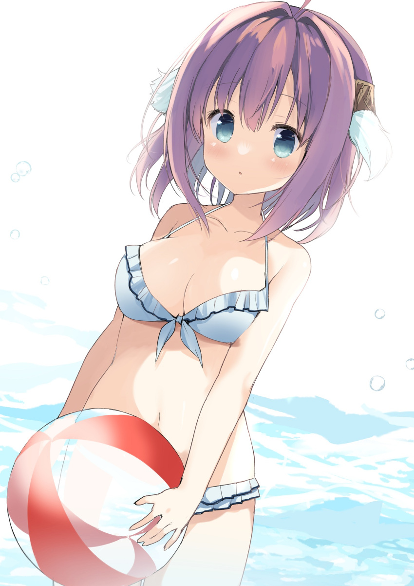 ao_no_kanata_no_four_rhythm ball beachball bikini blue_bikini blue_eyes blush breasts cowboy_shot dutch_angle female front-tie_bikini_top front-tie_top highres holding holding_ball ichinose_rika large_breasts ocean outdoors purple_hair solo swimsuit takepoison