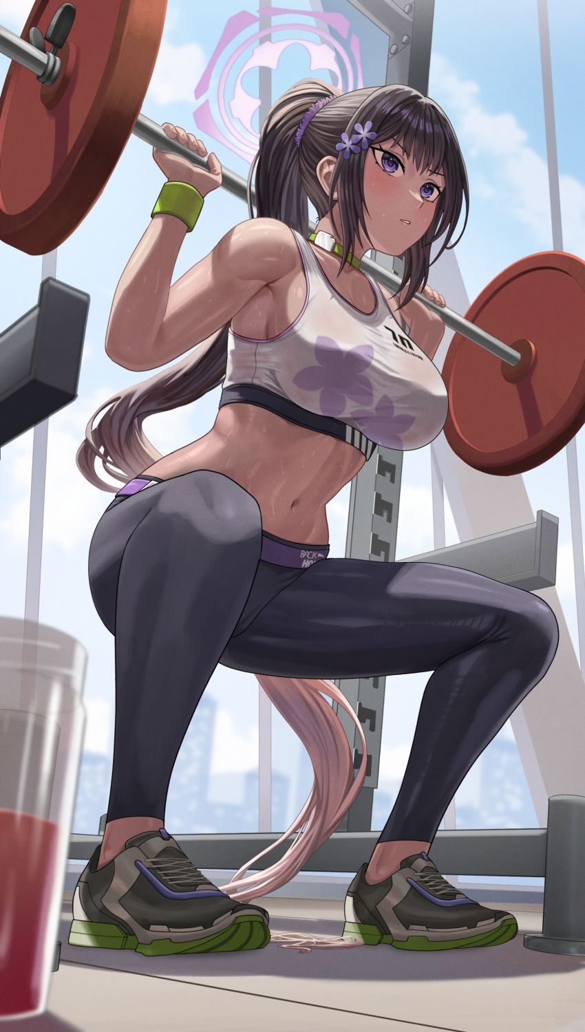 absurdres bare_shoulders black_hair black_pants blue_archive blush breasts choker commentary_request exercising female flower hair_flower hair_ornament hair_scrunchie halo high_ponytail highres large_breasts long_hair navel pants purple_eyes scrunchie shoes sidelocks silvertsuki sneakers solo sports_bra squatting sumire_(blue_archive) tight_clothes tight_pants very_long_hair white_sports_bra yoga_pants