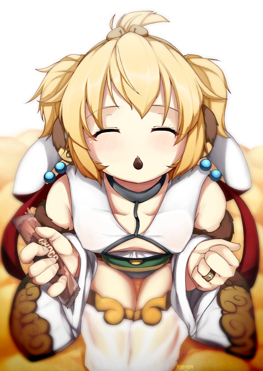 andira_(granblue_fantasy) animal_ears bare_shoulders blonde_hair closed_eyes commentary_request detached_sleeves earrings erune facing_viewer female food granblue_fantasy highres holding incoming_pocky_kiss jewelry monkey_ears mouth_hold pocky pocky_day pocky_kiss psychopath_idiot ring short_hair sitting solo thigh_gap wings