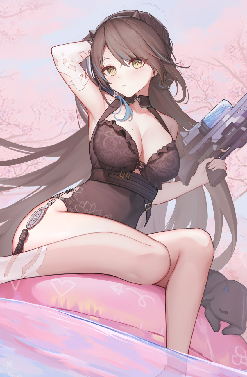 absurdres afloat air_mattress arknights arm_up armpits bare_legs blacknight_(arknights) blacknight_(summer_flowers)_(arknights) blush breasts brown_hair brown_swimsuit brown_thighhighs casual_one-piece_swimsuit cherry_blossoms cleavage closed_mouth creature cyanide-whale elbow_gloves female gloves hand_in_own_hair highres holding holding_water_gun horns large_breasts long_hair looking_at_viewer mole mole_above_eye mole_on_breast official_alternate_costume one-piece_swimsuit revision single_glove sitting soaking_feet solo swimsuit tassel thighhighs v-shaped_eyebrows very_long_hair water water_gun white_gloves yellow_eyes