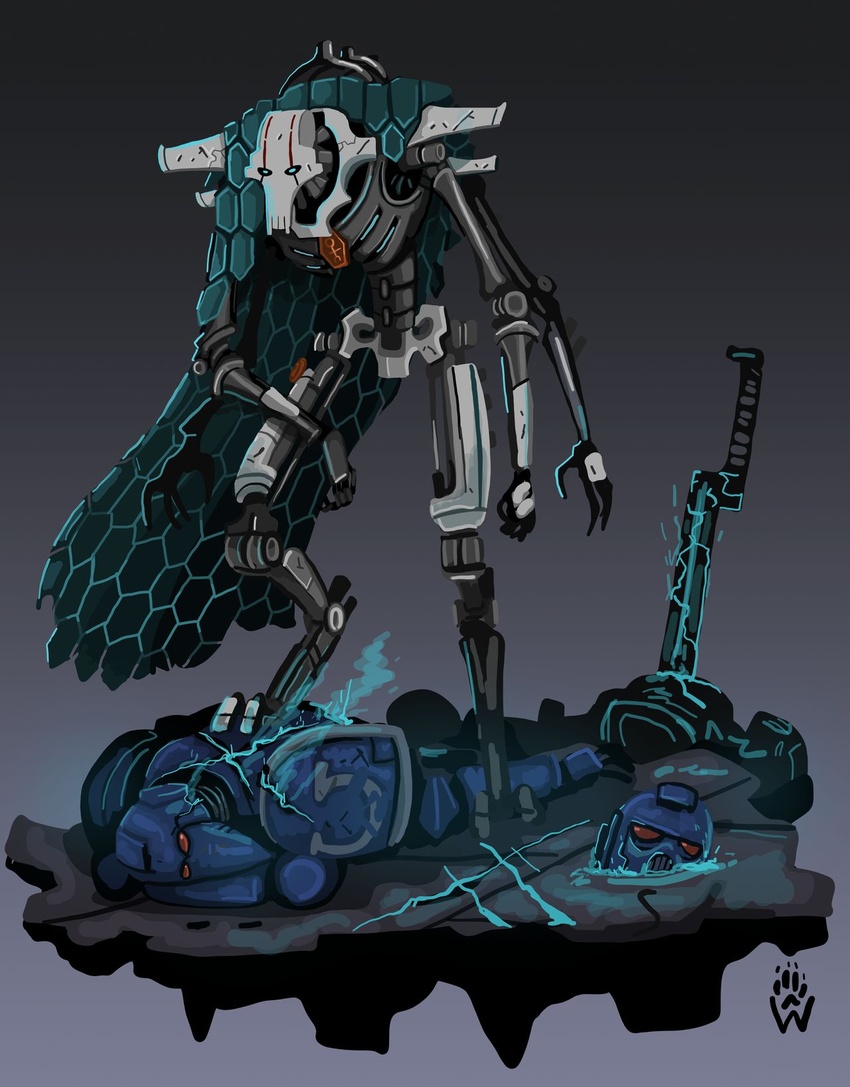 2020 adeptus_astartes after_battle alien armor blue_eyes cape clone_wars clothing concept_art corpse crossover cybernetics cyborg damaged damaged_armor death feet foot_on_body foot_on_chest fusion general_grievous grey_background headgear helmet hi_res humanoid kaleesh machine male melee_weapon metallic_body multi_arm multi_limb necron necron_lord not_furry power_armor robot scalie signature simple_background solo space_marine standing_over star_wars sword sword_in_body ultramarine warhammer_(franchise) warhammer_40000 weapon wolfdawg