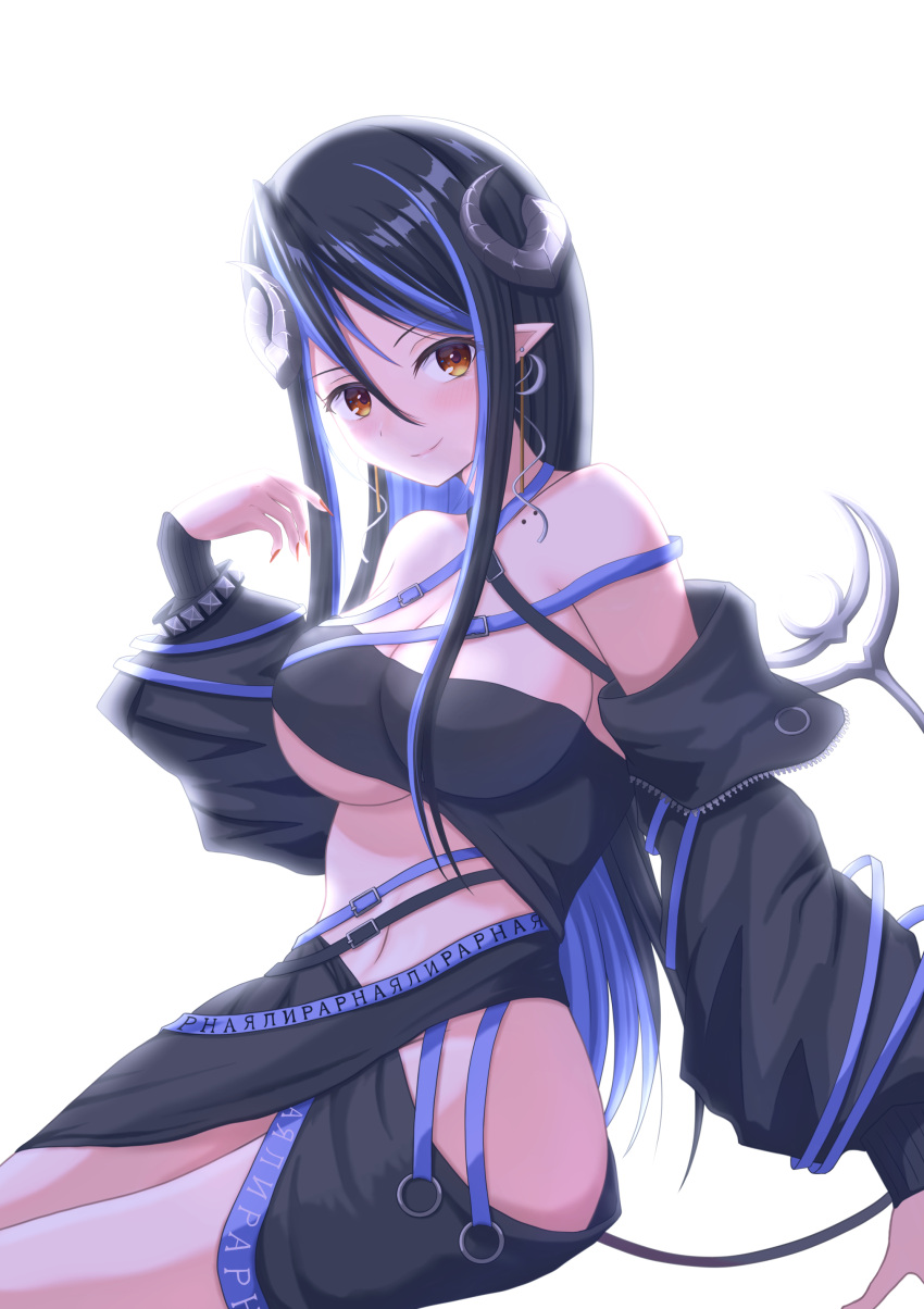 absurdres bandeau belt black_bandeau black_belt black_hair black_jacket black_skirt blue_belt blue_hair blush breasts brown_eyes chest_belt cleavage closed_mouth commentary_request cowboy_shot curled_horns demon_girl demon_horns demon_tail female grey_horns hair_between_eyes hebiyoi_tier hebiyoi_tier_(1st_costume) highres hip_vent horns jacket large_breasts long_hair long_sleeves looking_at_viewer multicolored_hair nanashi_inc. natsuki_aya navel off_shoulder open_clothes open_jacket pointy_ears red_nails sidelocks simple_background skirt smile snake_bite solo sugar_lyric tail two-tone_hair underboob virtual_youtuber white_background