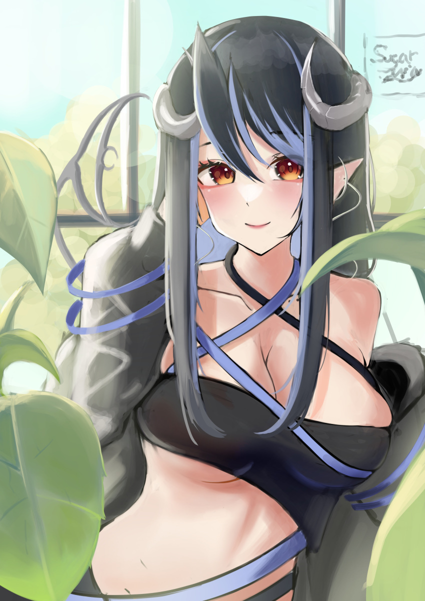 absurdres arm_behind_head bandeau belt black_bandeau black_belt black_hair black_jacket blue_belt blue_hair blush breasts brown_eyes chest_belt cleavage closed_mouth collarbone commentary_request curled_horns demon_girl demon_horns demon_tail female grey_horns hair_between_eyes hebiyoi_tier hebiyoi_tier_(1st_costume) highres higimixy horns jacket large_breasts long_hair long_sleeves multicolored_hair nanashi_inc. off_shoulder open_clothes open_jacket pointy_ears sidelocks smile snake_bite solo sugar_lyric tail two-tone_hair underboob upper_body virtual_youtuber