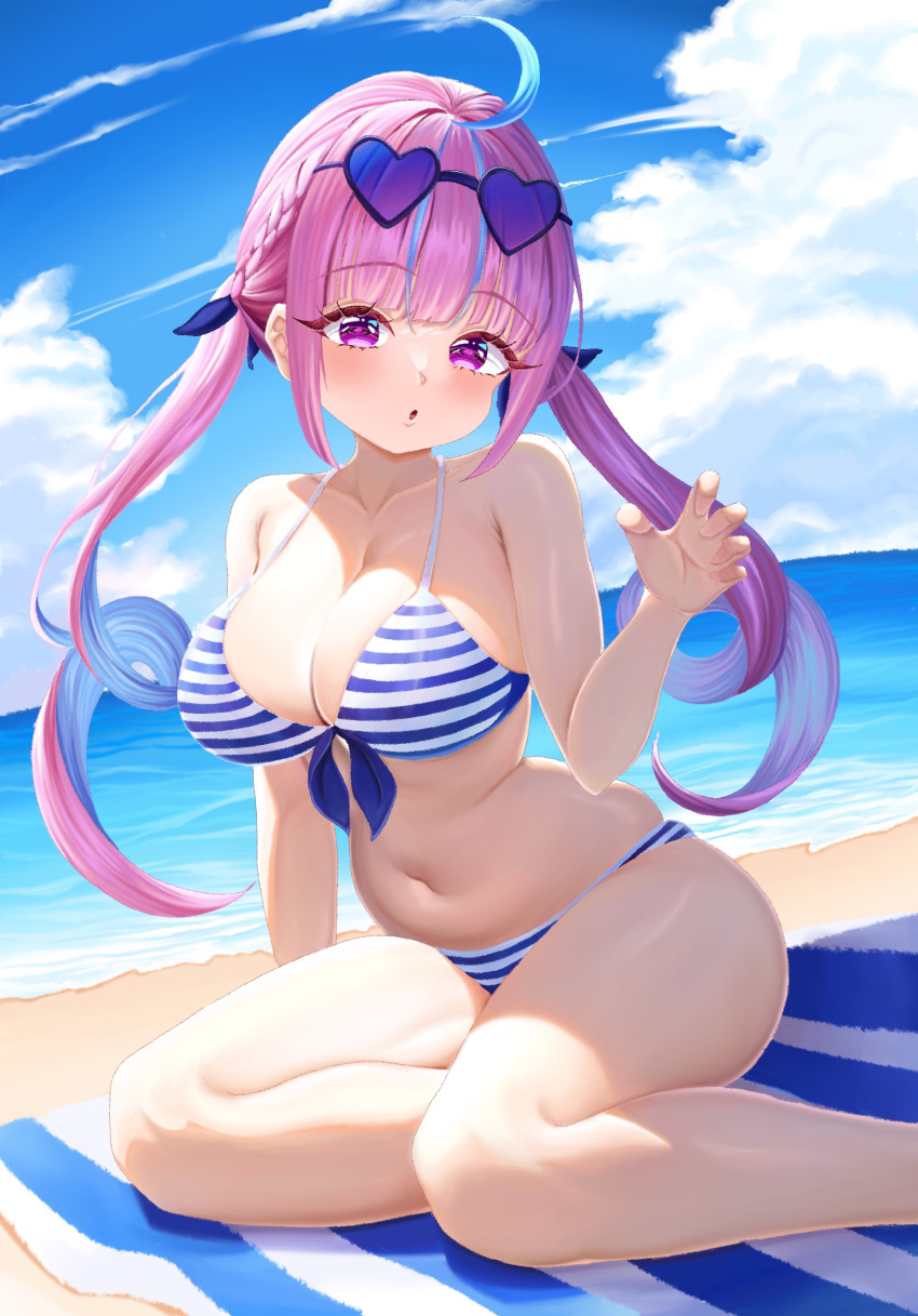 ahoge alternate_costume bare_shoulders beach beach_towel bikini blue-framed_eyewear blue-tinted_eyewear blue_bikini blue_hair blue_sky blush braid breasts claw_pose cleavage cloud cloudy_sky collarbone colored_inner_hair commentary curly_hair day eyewear_on_head female heart heart-shaped_eyewear highres hololive huge_breasts legs light_blue_hair long_hair looking_at_viewer minato_aqua multicolored_hair navel ocean outdoors pink_eyes pink_hair rorol_reime sand sitting sky solo stomach streaked_hair striped_towel swimsuit thighs tinted_eyewear towel twintails two-tone_hair virtual_youtuber yokozuwari