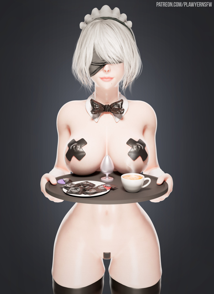 2b_(nier:automata) 3d absurdres black_pasties black_thighhighs blindfold breasts covered_nipples cross_pasties female highres holding holding_tray lawyernsfw looking_at_viewer maid_headdress nier:automata nier_(series) pasties shiny_skin short_hair thighhighs tray white_hair