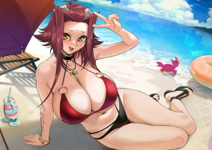 arm_tattoo beach bikini bracelet breasts brown_eyes female hair_ornament highres huge_breasts izayoi_aki jewelry looking_at_viewer lying necklace on_side open_mouth red_hair sandals short_hair_with_long_locks spiked_hair swimsuit tattoo v yu-gi-oh! yu-gi-oh!_5d's yunomigx