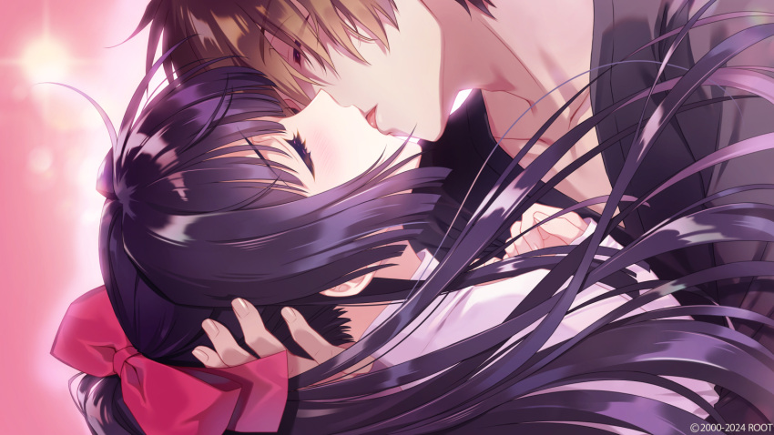 1boy blush brown_eyes brown_hair carnelian closed_eyes couple female french_kiss game_cg hair_over_eyes hair_ribbon hand_on_another's_head hayama_kouichi highres kao_no_nai_tsuki kissing kuraki_suzuna long_hair long_sleeves purple_hair red_ribbon ribbon short_hair sidelocks straight tongue upper_body