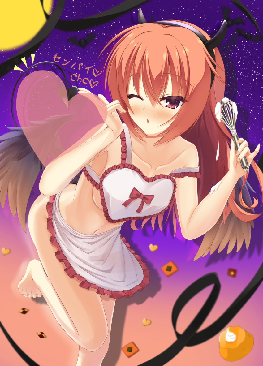 ;o alternate_costume apron bare_shoulders barefoot bat_(animal) black_ribbon black_wings blowing_kiss blurry blush bow bow_apron breasts collarbone colored_eyelashes commentary_request cookie cream demon_horns depth_of_field drop_shadow eyes_visible_through_hair fake_horns feathered_wings female fingernails food foot_out_of_frame frilled_apron frills gradient_background hair_between_eyes halloween hands_up heart heart_apron highres holding holding_whisk horns inaba_meguru leaning_forward long_hair looking_at_viewer making-of_available naked_apron navel notice_lines one_eye_closed pink_background pinky_out purple_background red_bow red_eyes reiji_tsukimi ribbon salute sanoba_witch simple_background small_breasts solo standing standing_on_one_leg strap_slip toenails toes tsurime two-finger_salute underboob waist_apron whisk white_apron wings