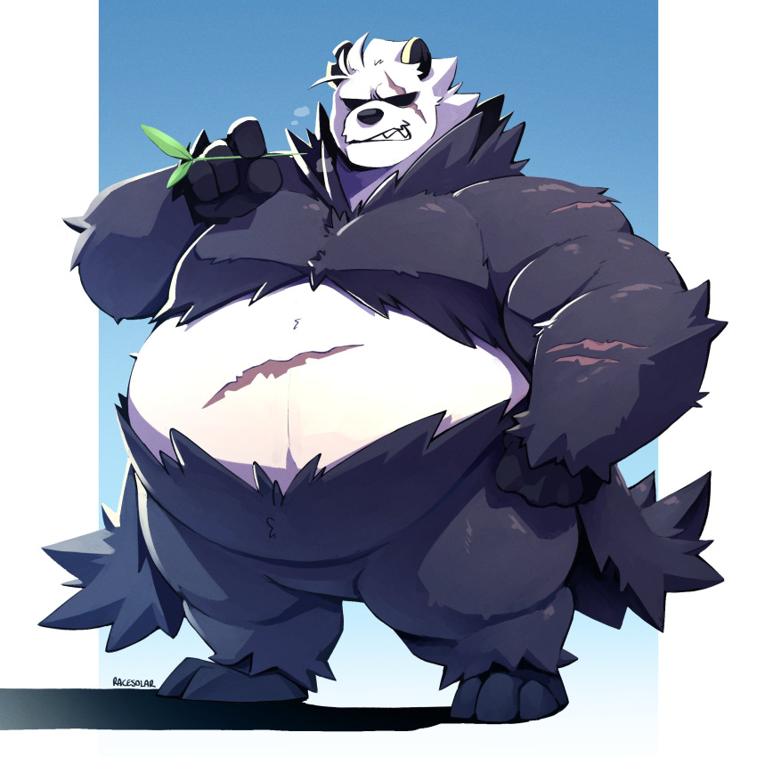 2024 absurd_res anthro bear belly biceps black_body black_fur blue_background body_scars eye_scar facial_scar frown fur generation_6_pokemon giant_panda hi_res male mammal moobs nintendo obese obese_male overweight overweight_male pangoro pokemon pokemon_(species) racesolar scar simple_background solo white_body white_fur